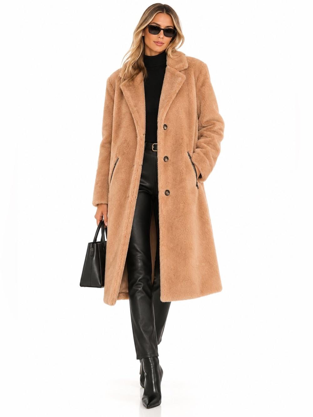 DKNY XL Camel Faux Fur Teddy Long Coat Zip Pockets Fall 2022